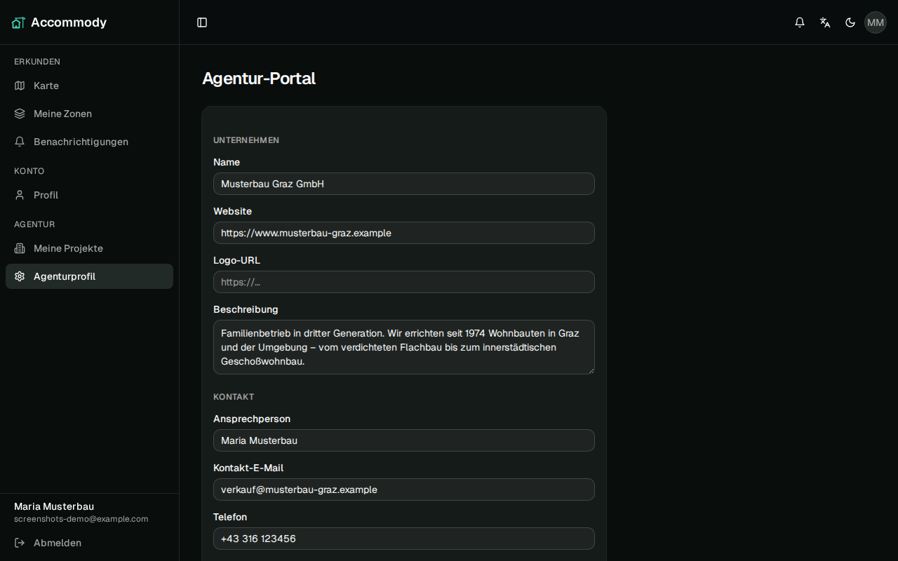 Das Firmenprofil im Portal mit Feldern für Logo, Beschreibung, Ansprechperson und Adresse