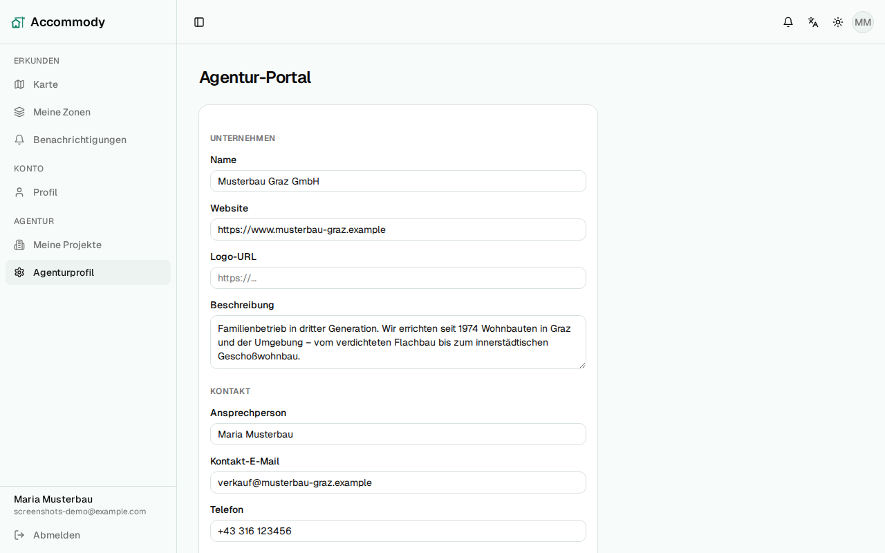 Das Firmenprofil im Portal mit Feldern für Logo, Beschreibung, Ansprechperson und Adresse