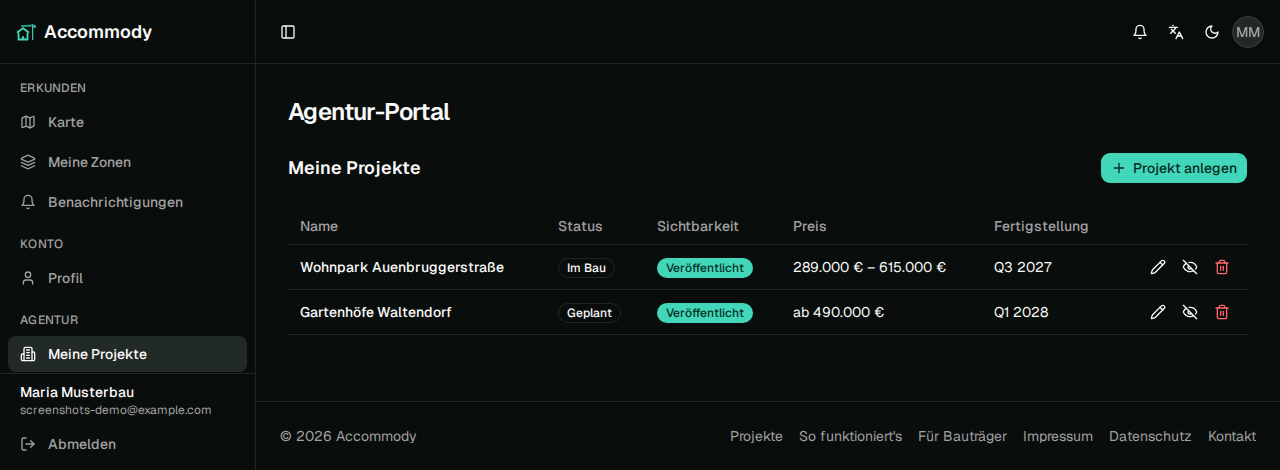 Die Projektliste im Bauträger-Portal mit Status, Sichtbarkeit, Preis und Fertigstellung