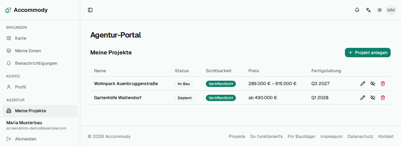 Die Projektliste im Bauträger-Portal mit Status, Sichtbarkeit, Preis und Fertigstellung