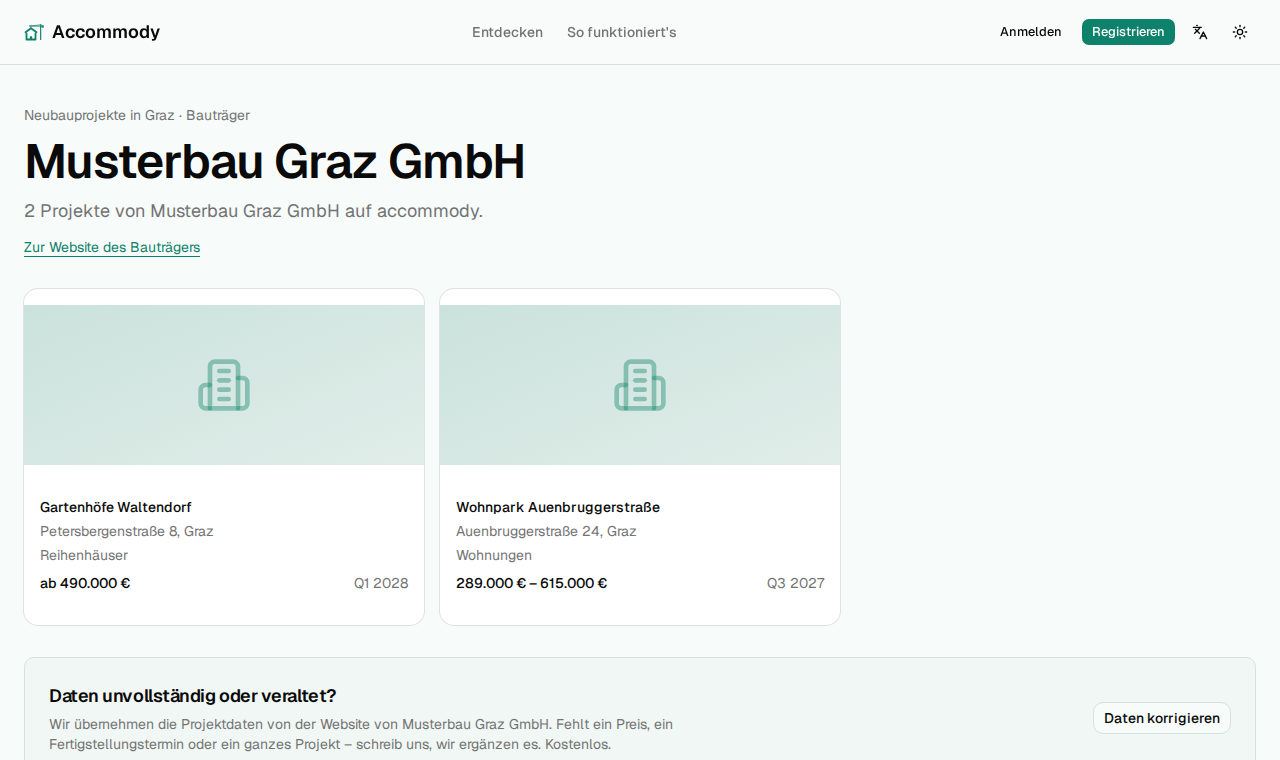 Die öffentliche Bauträgerseite mit den Projektkarten des Unternehmens